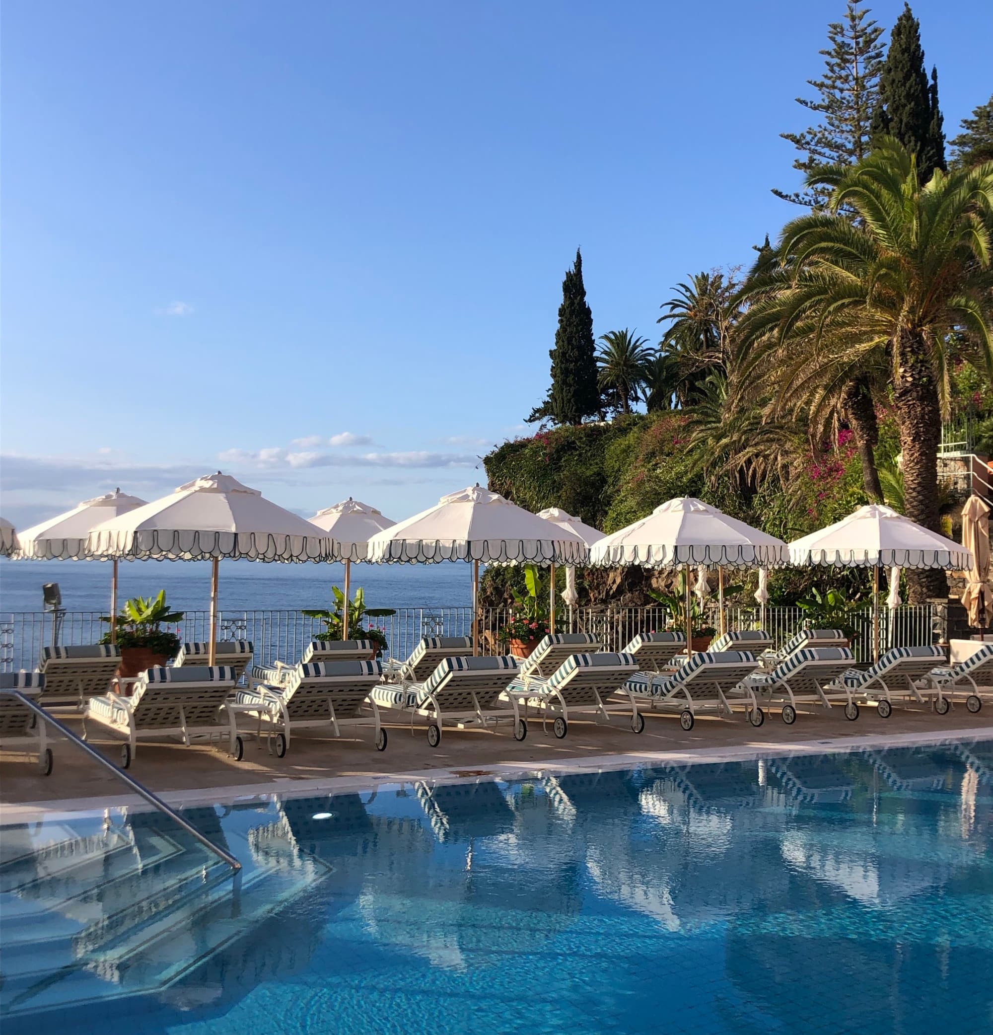 Reids Poolside with an array of loungers and umbrellas to protect from the sun