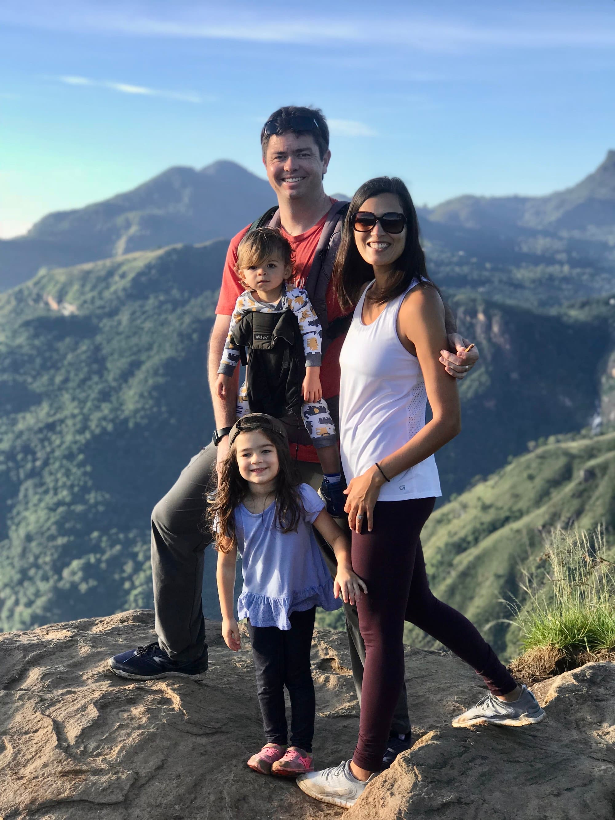 a woman, a man, and two children stand on a mountain top