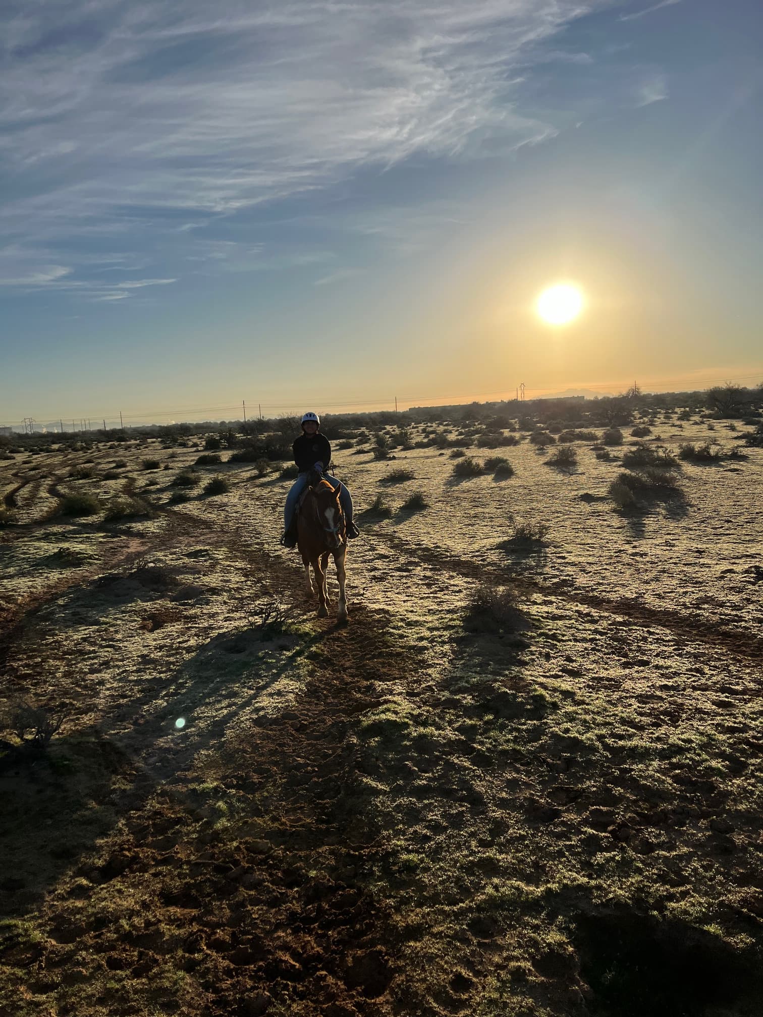Travel advisor Kelly horseriding with the sun low in the sky in the middle of an empty landscape with small bushes