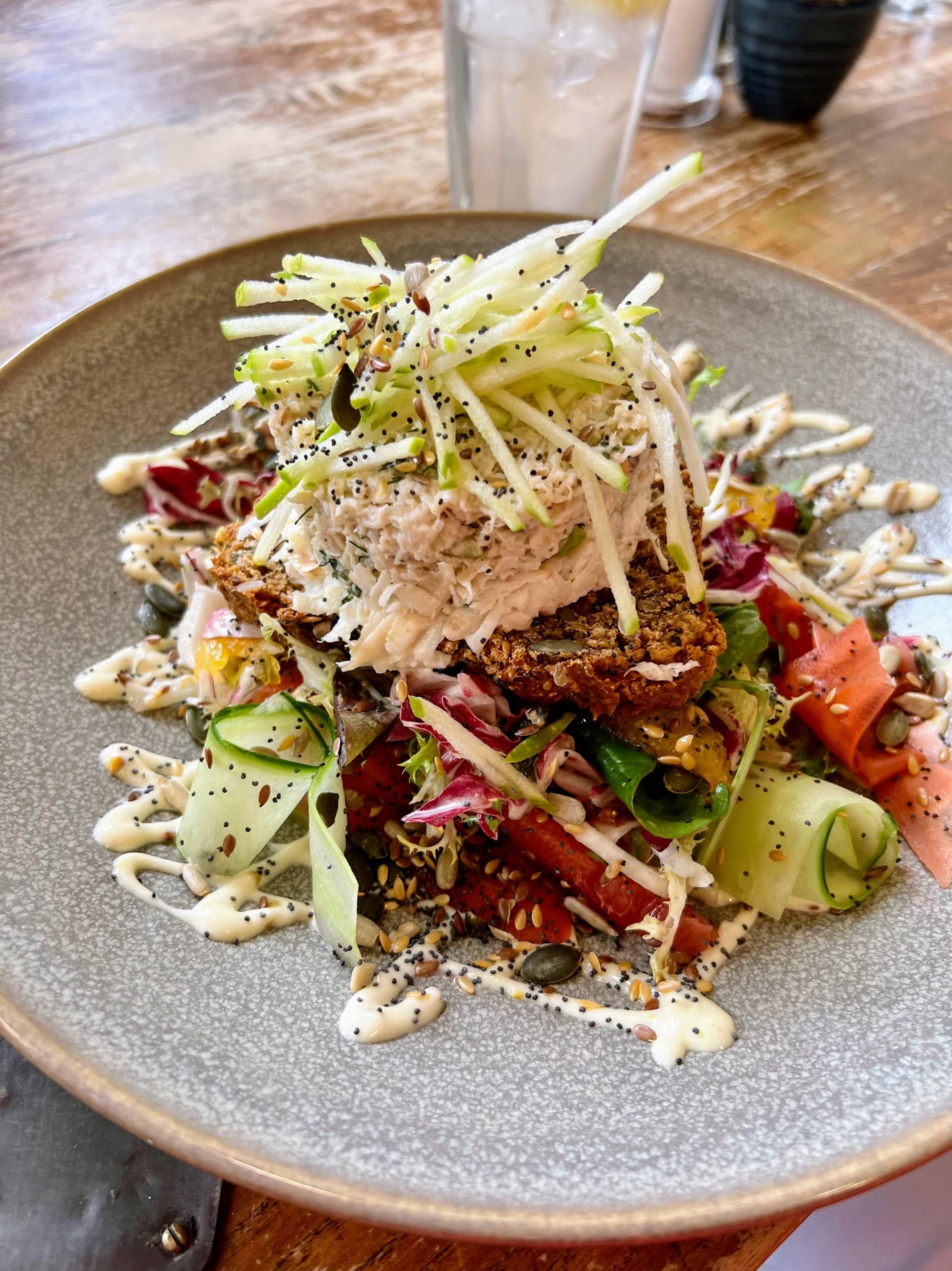 A picture of a homemade crab salad with fresh Irish produce and homemade bread at Avoca.