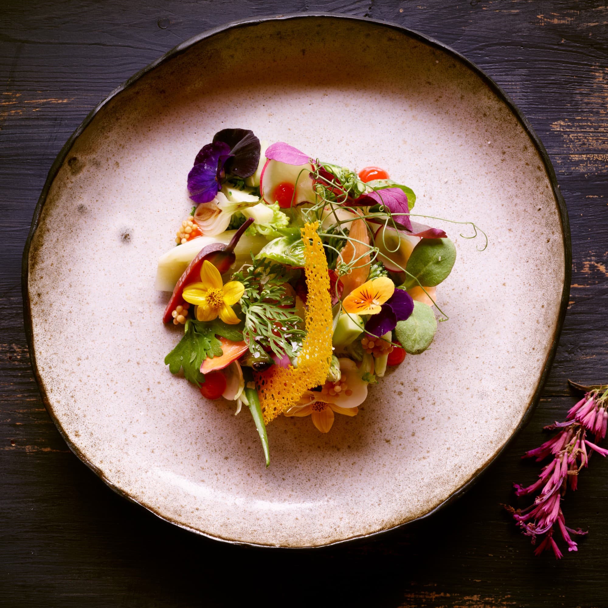 aerial view of a circular plate filled with an artful curation of colorful vegetables
