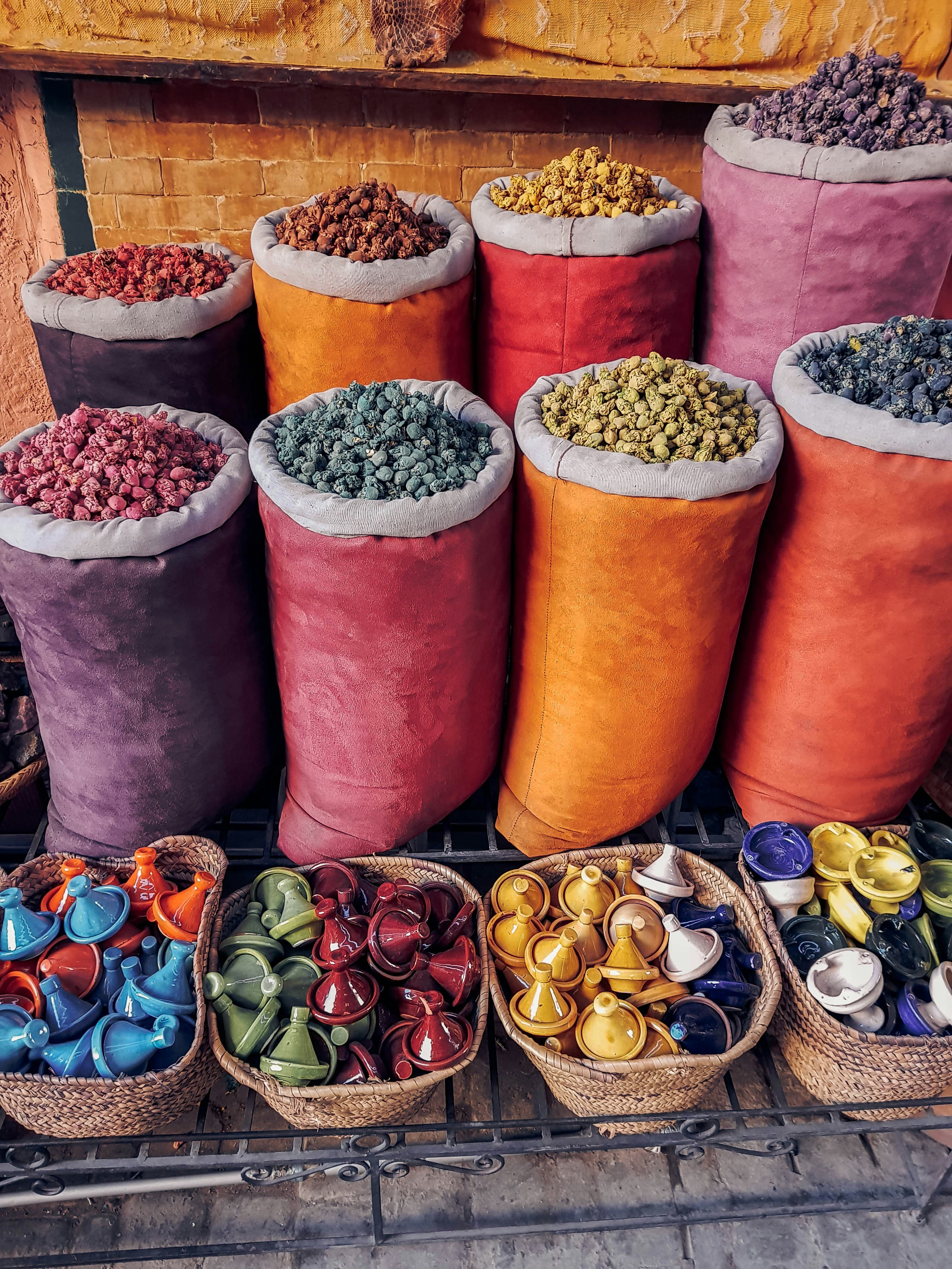 Colorful sacks of spices on the street of a Moroccan Market.