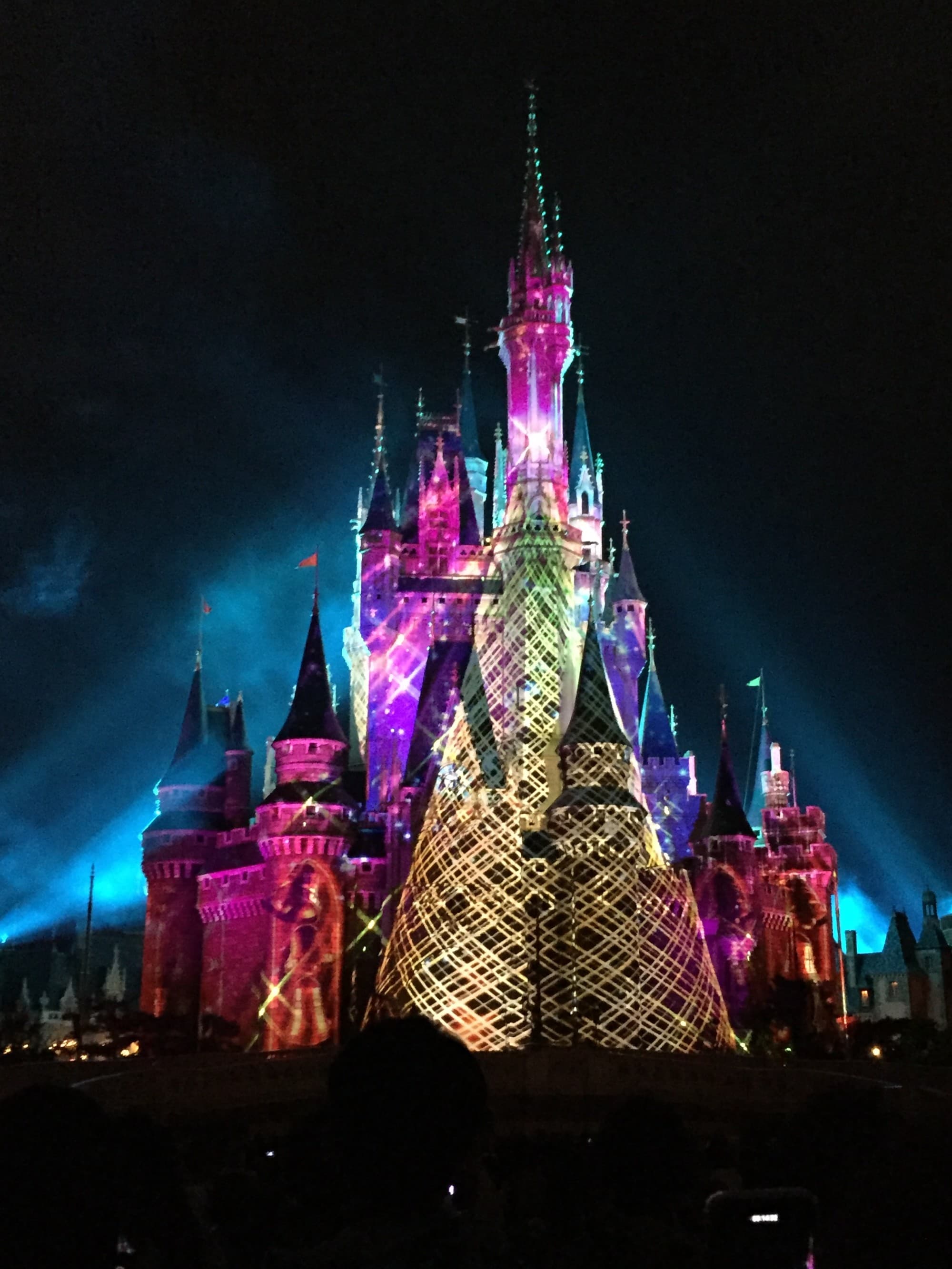 A decorated and lit-up castle at nighttime