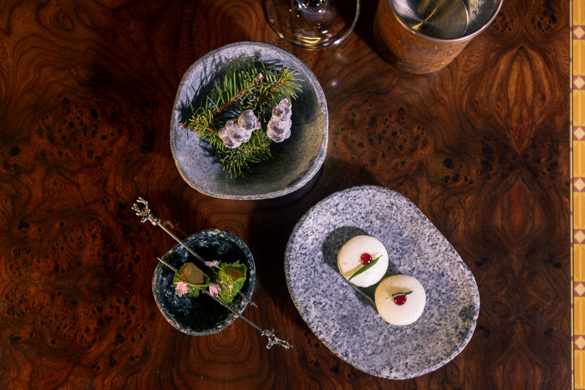 aerial view of small delicate bites on a wooden table