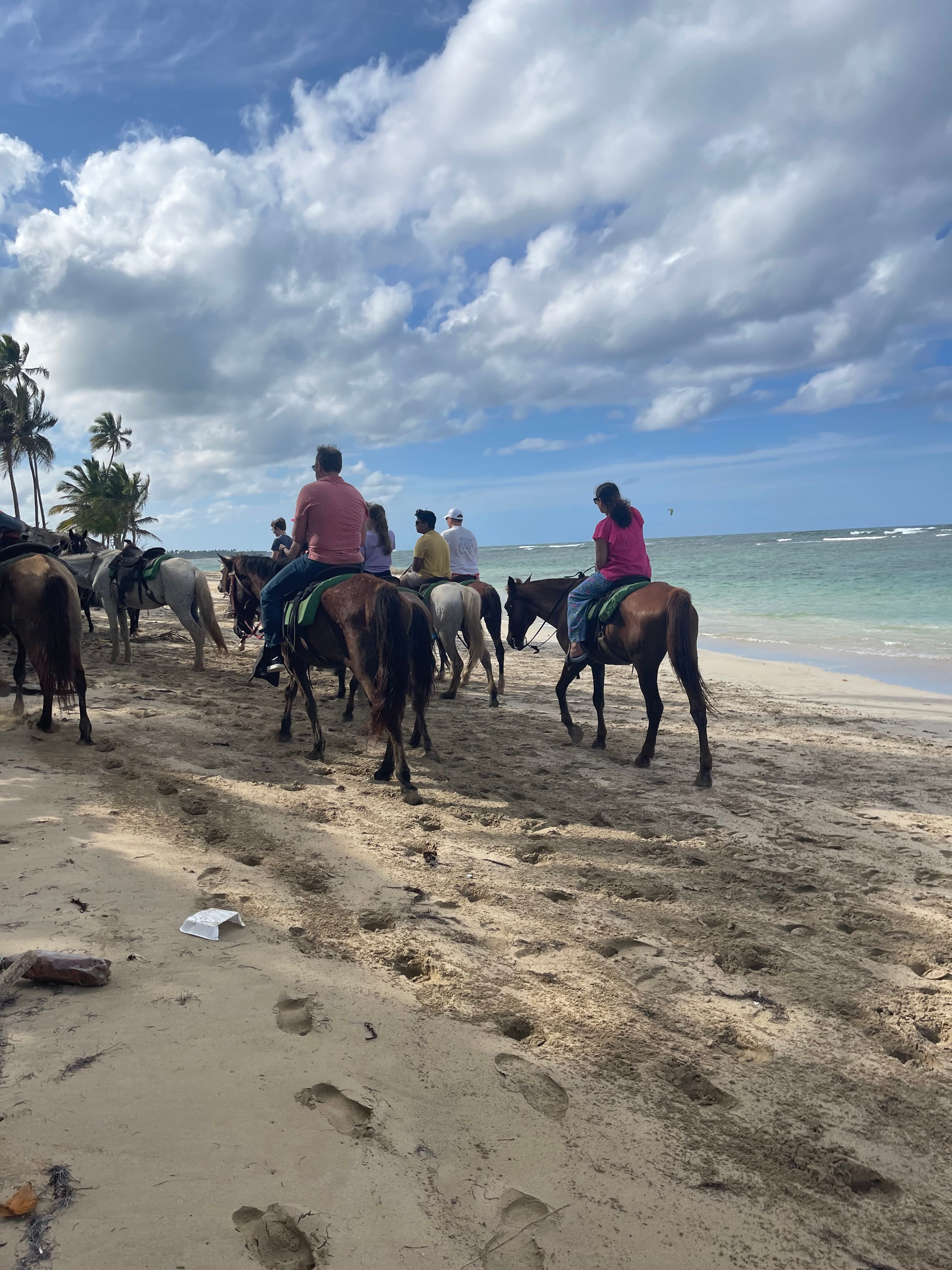 A group of people horsebackriding on the beach