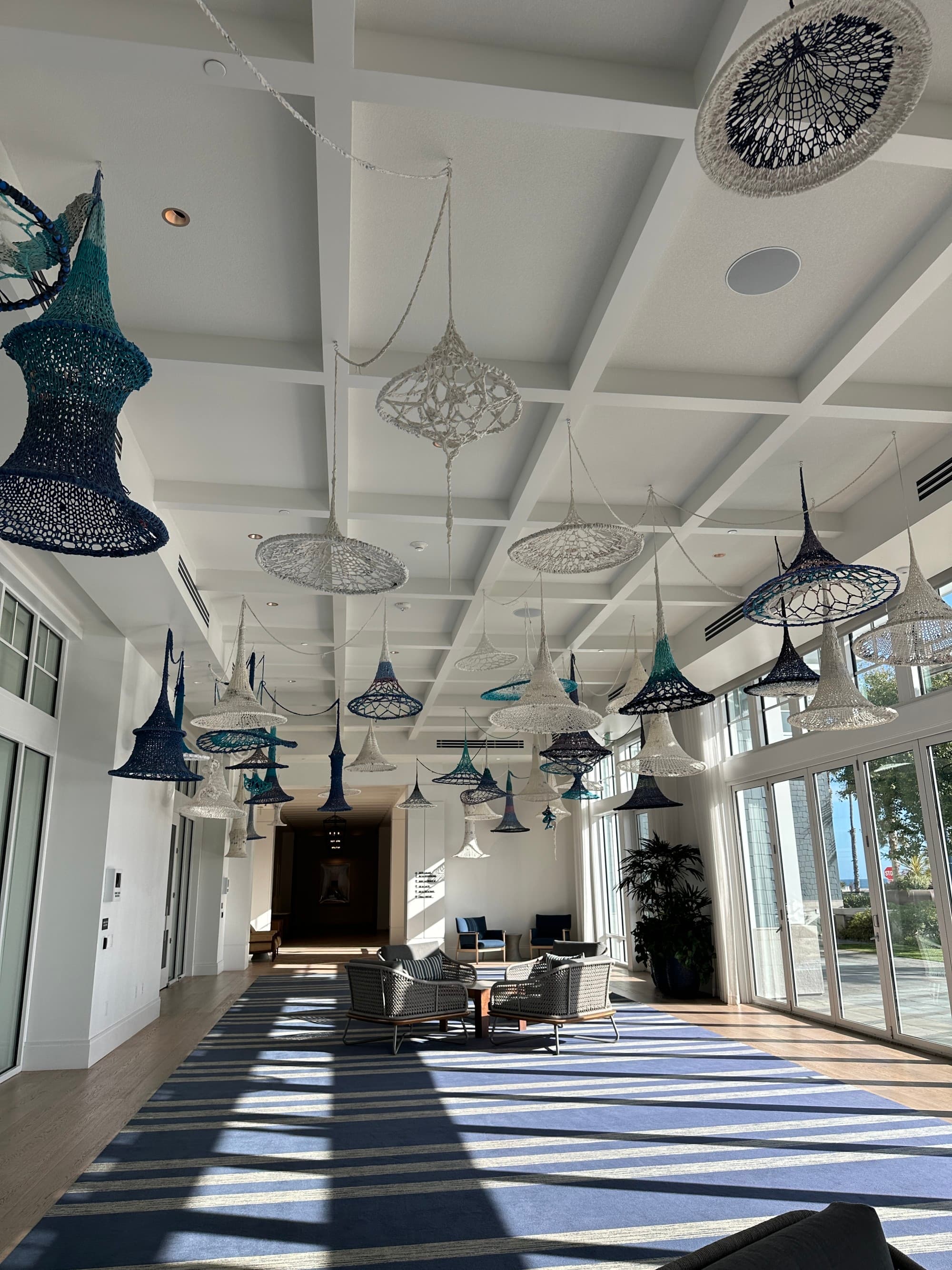 A wide hallway in a hotel