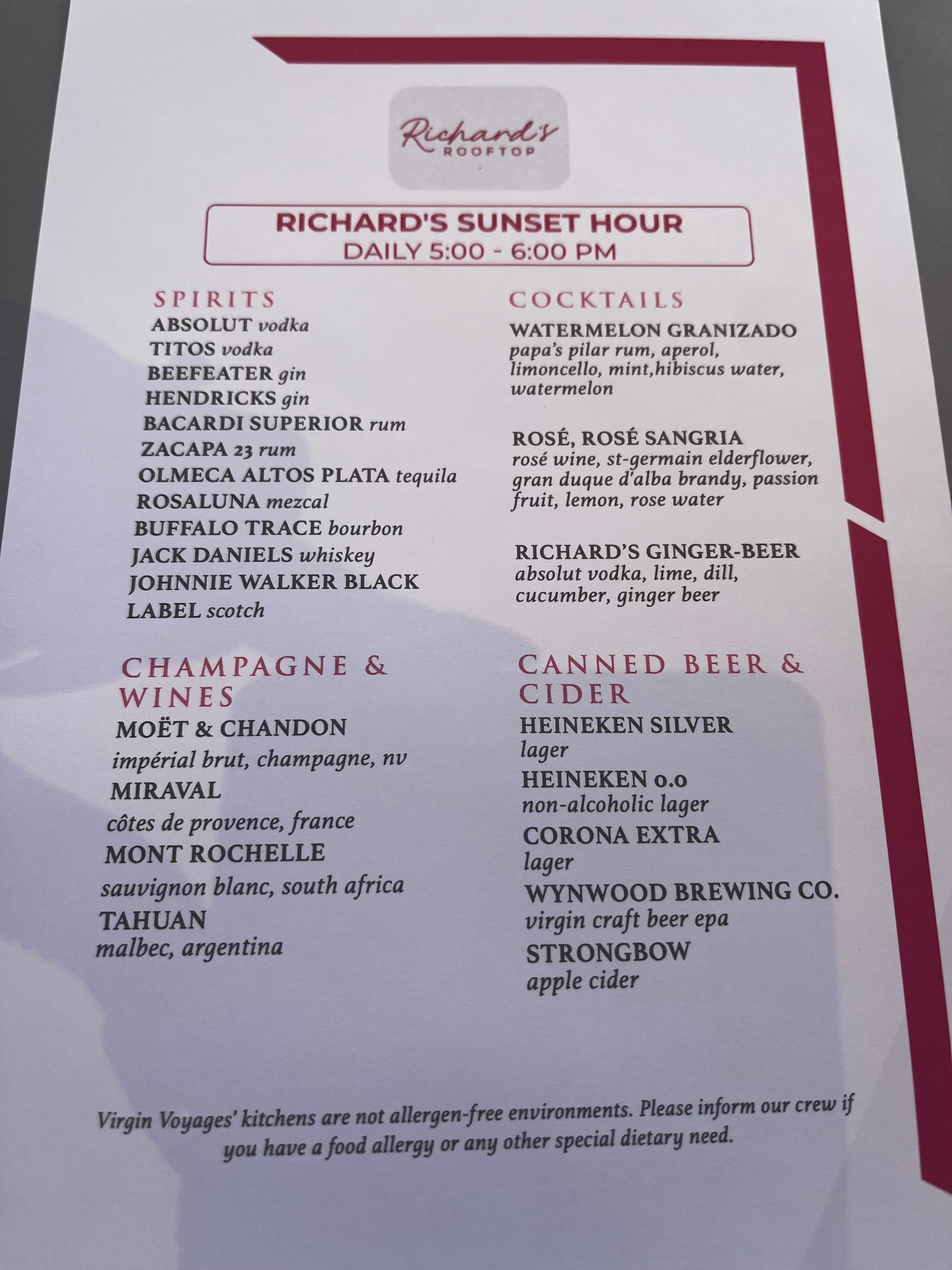 A white menu with red and black text