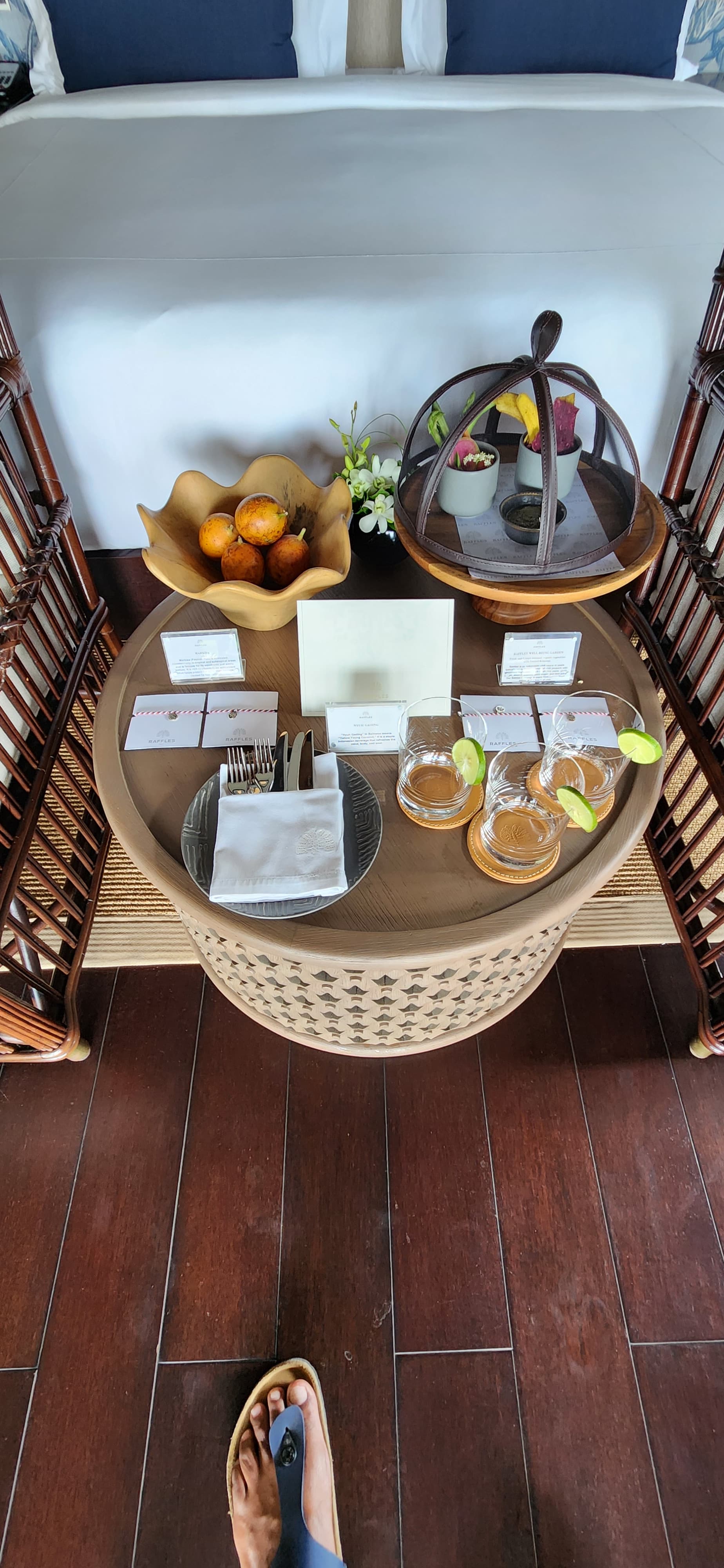 A basket of food and small signs