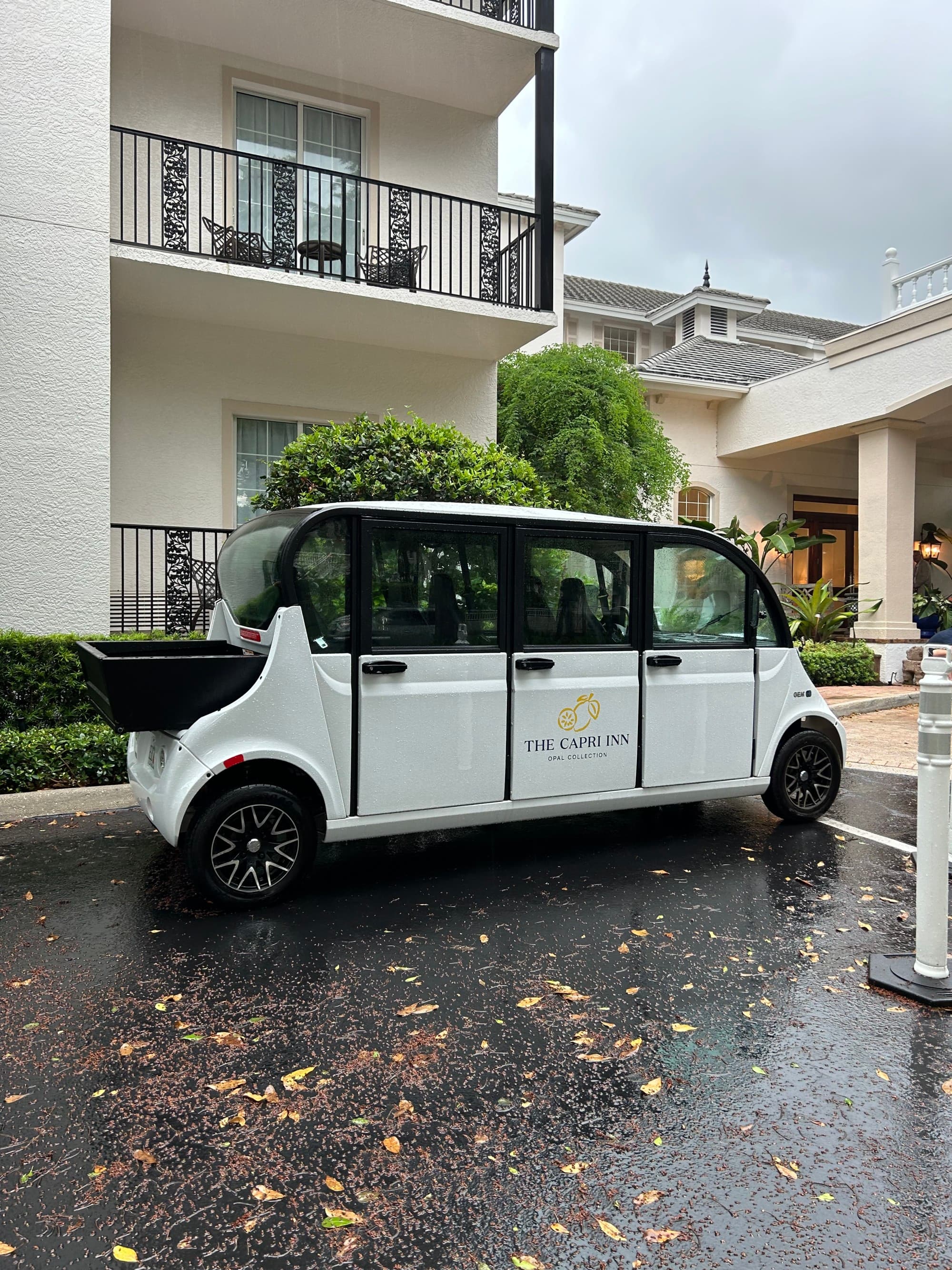 Cart parked in the lot outside of the hotel.
