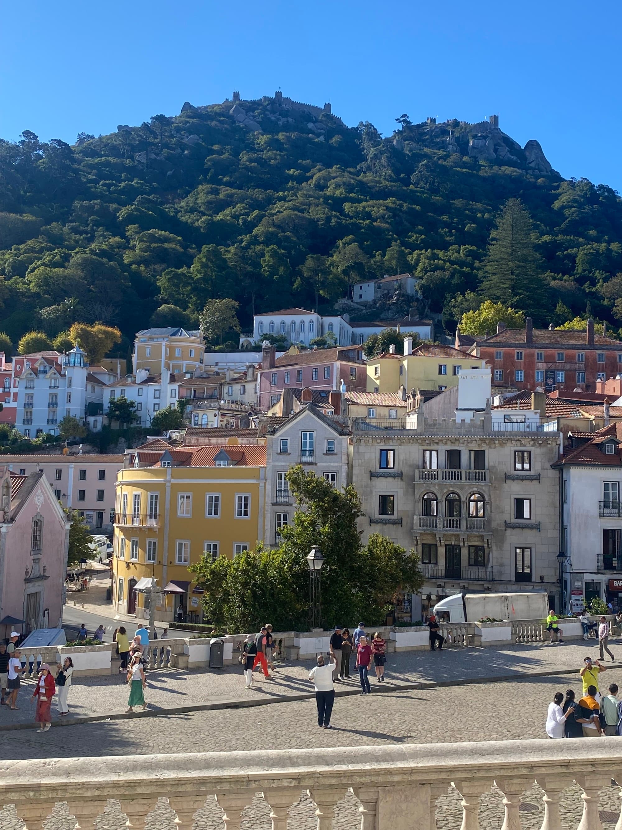 View of the city against a verdant hillside on sunny day.