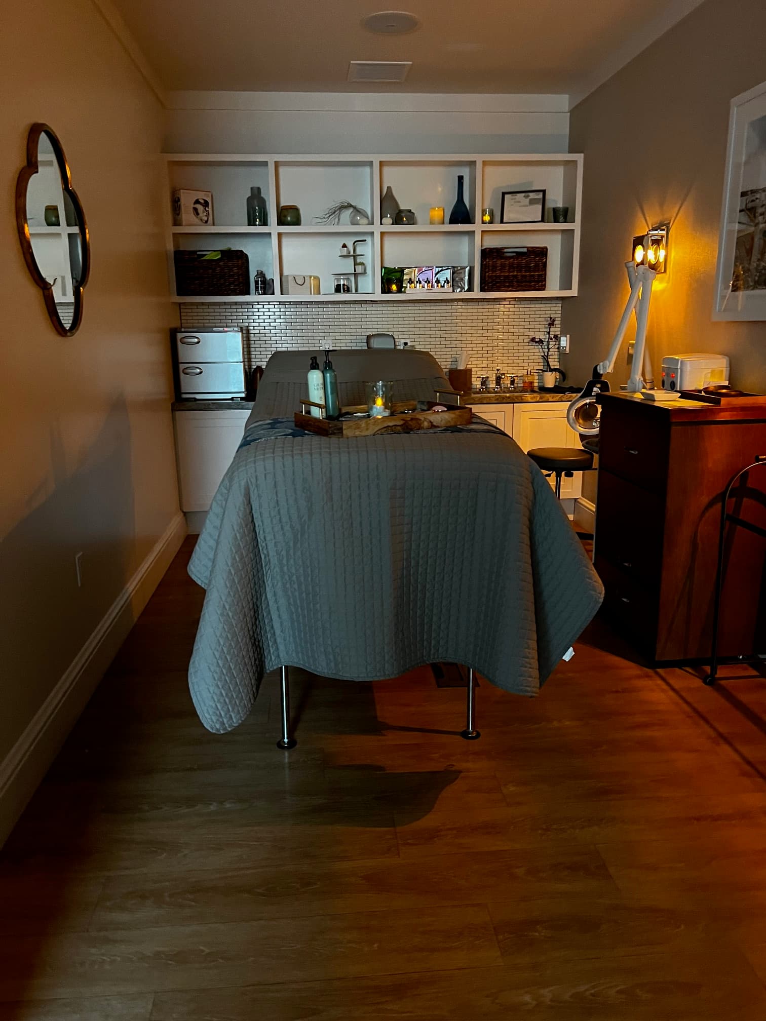 A dimly-lit spa treatment room