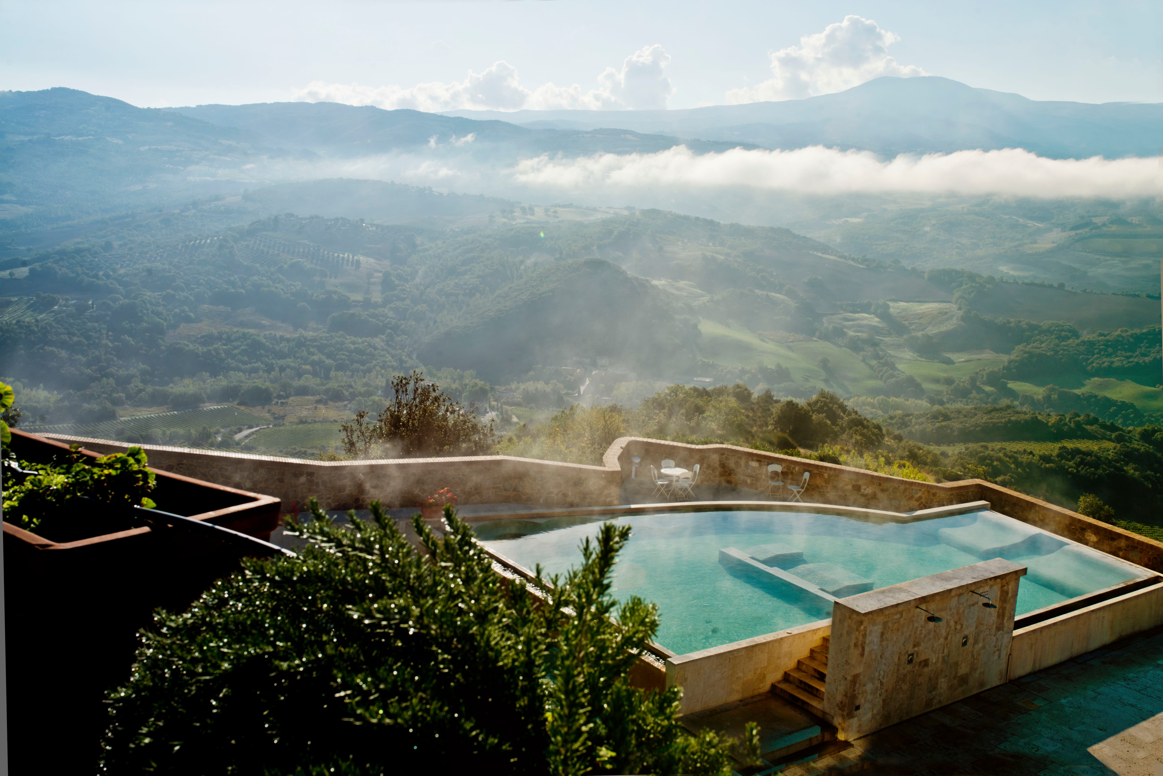A picture of one of the thermal pools at the hotel overlooking the Tuscan countryside