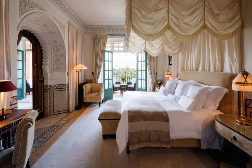 a luxe hotel bedroom at La Mamounia in Marrakech