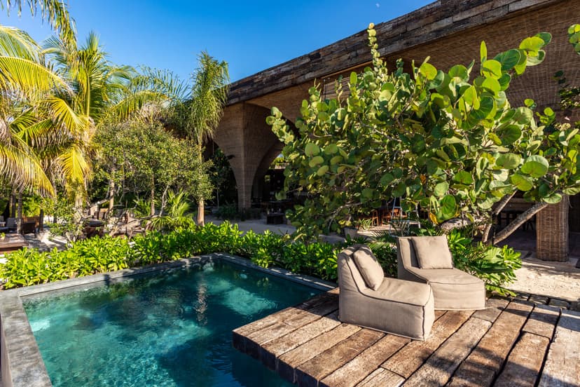 an outdoor plunge pool with a wooden deck, trees and loungers