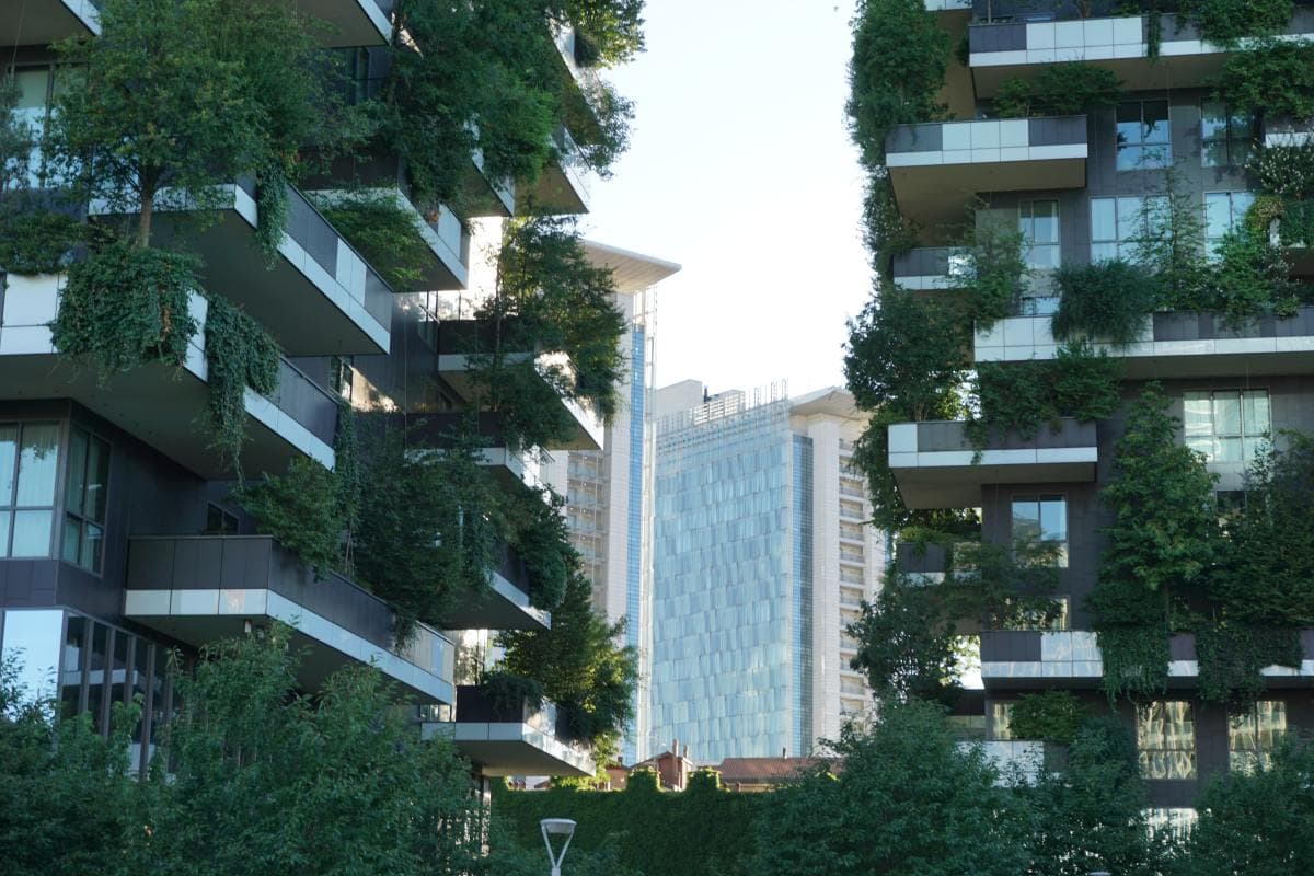 Modern sustainable building with vertical garden in Milan, Italy.