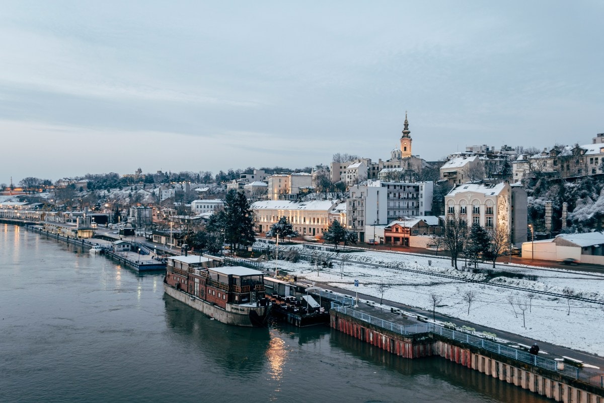 City buildings near body of water
