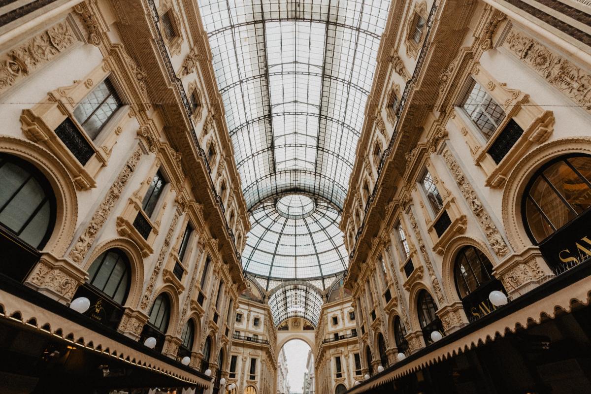 Detailed ceiling with skylit windows in Milan, Italy.