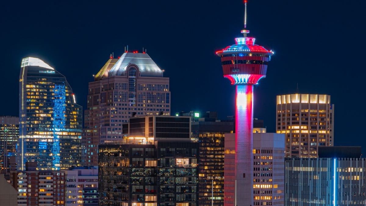 a view of the city lit up at night