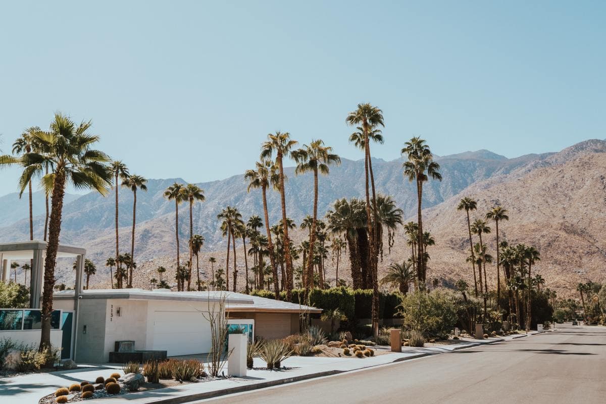 Modern Palm Springs home against the Californian desert and palm trees
