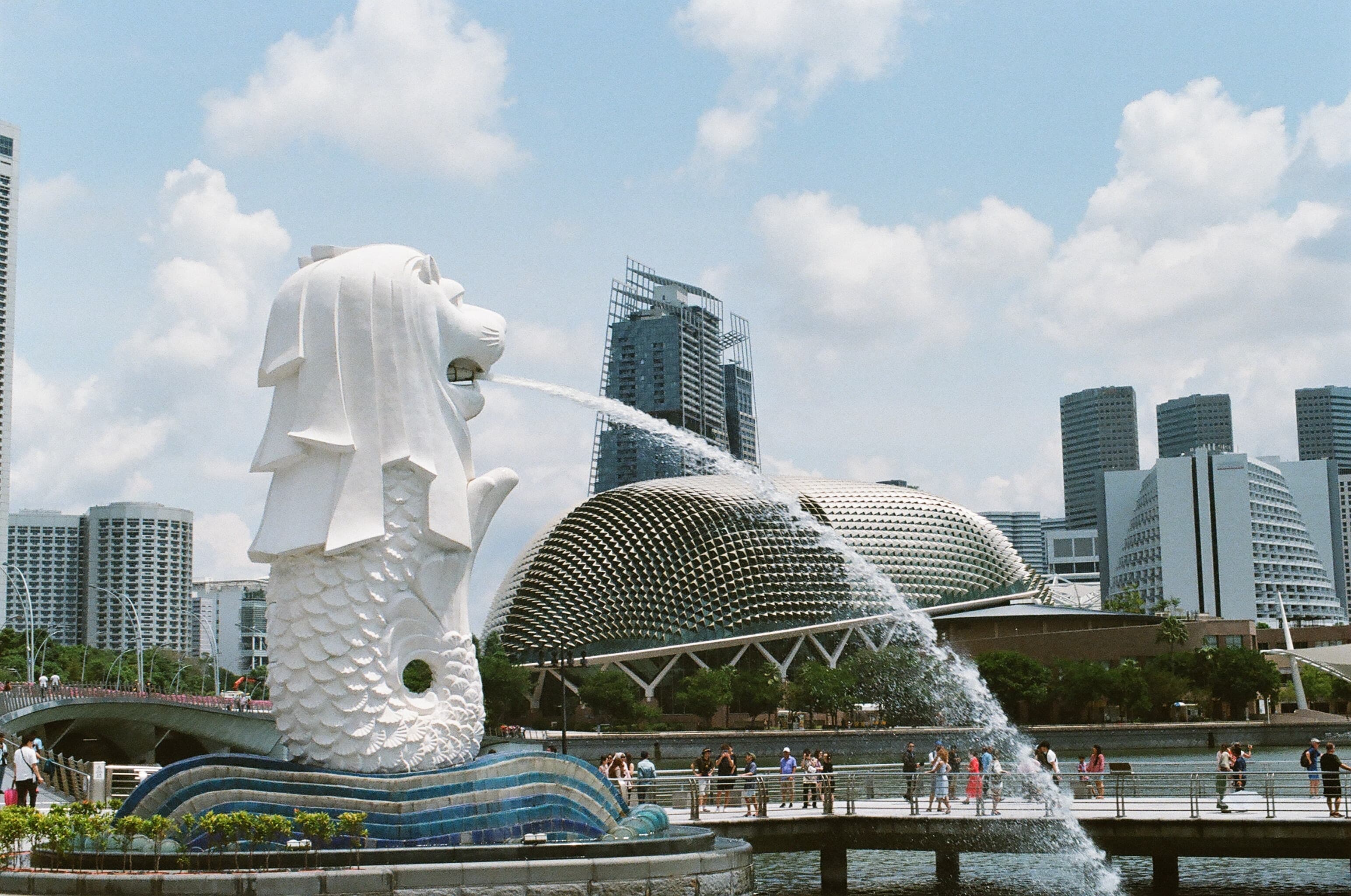red flower-like architectural structures flanked by greenery