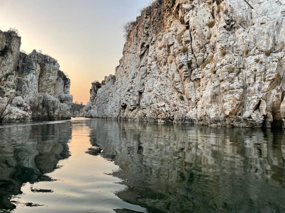 White stone along ocean during sunset in Jabalpur in India.