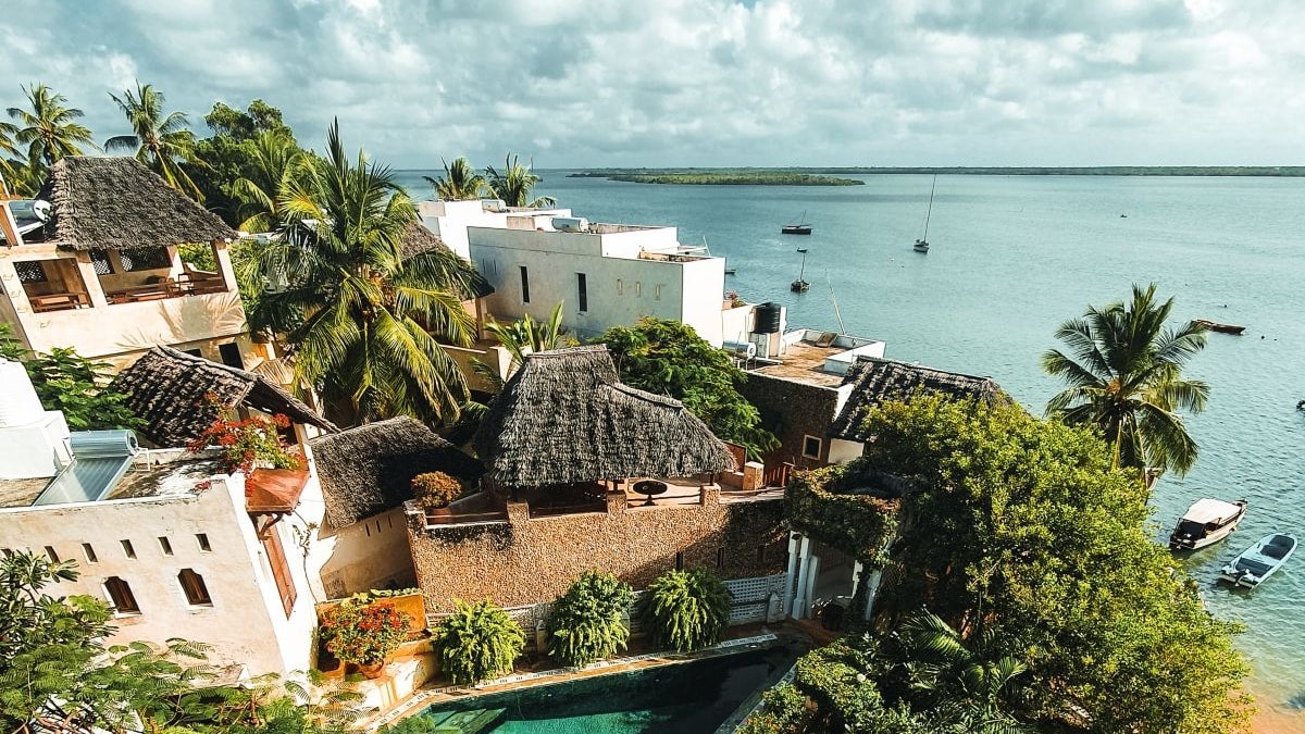 White concrete buildings near green trees and a body of water