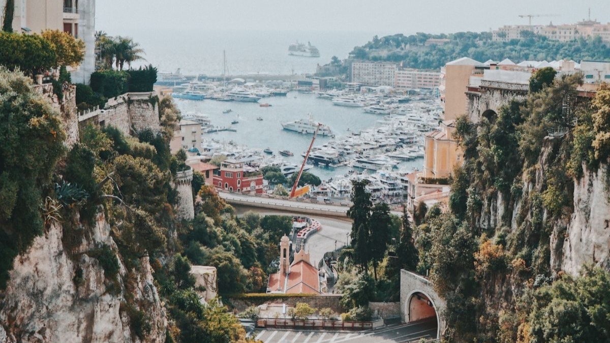 An aerial view of city buildings near the water in the daytime