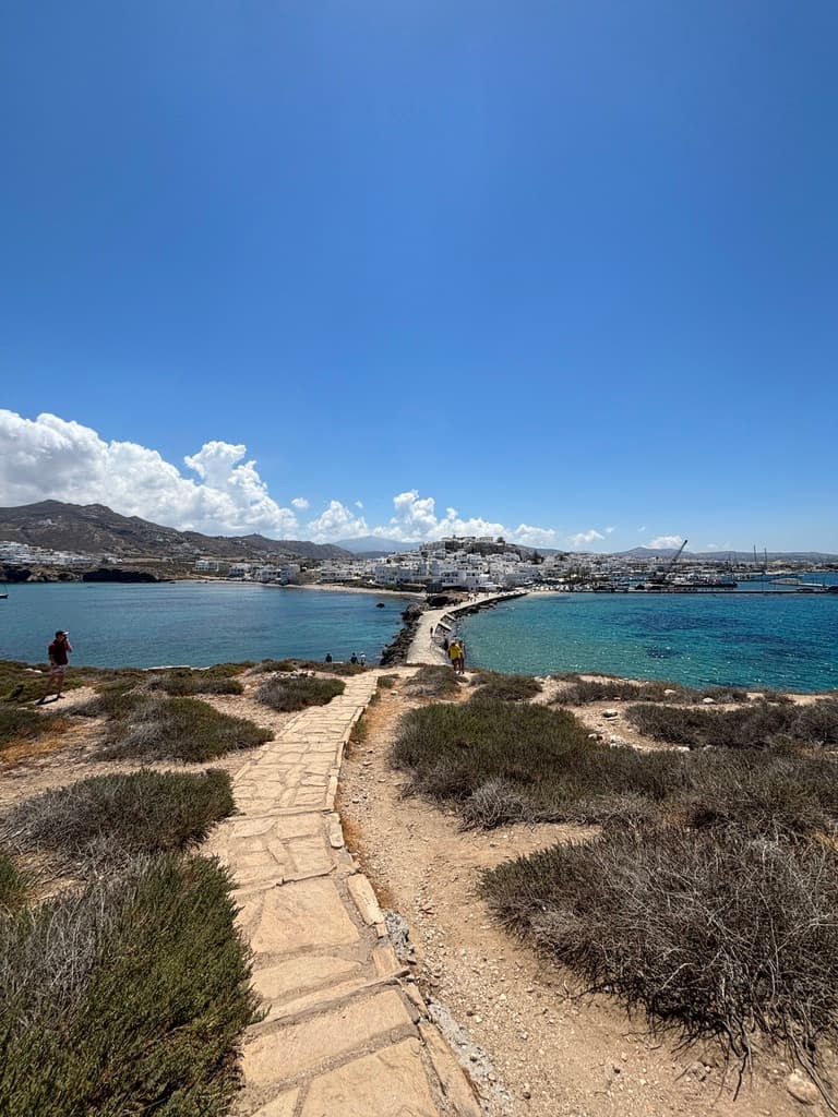 A view of sand dunes with a path winding towards the sea.