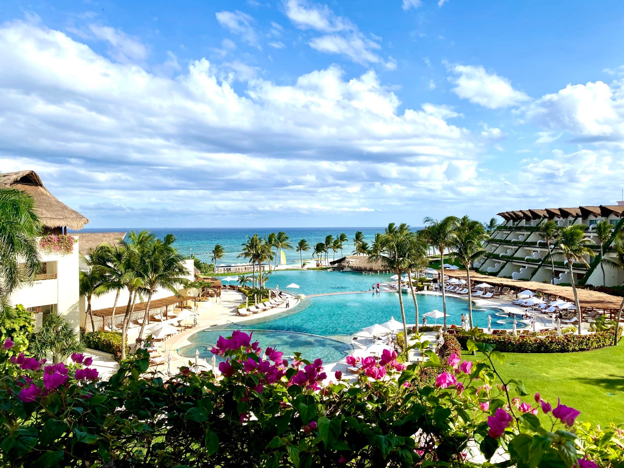 An aerial view of a resort's outdoor pool area