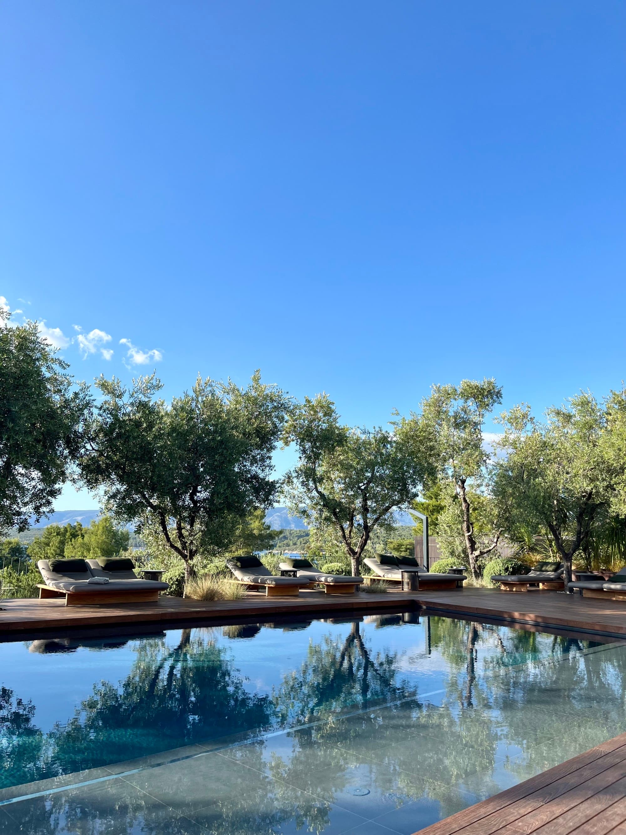 Poor with trees and blue sky.