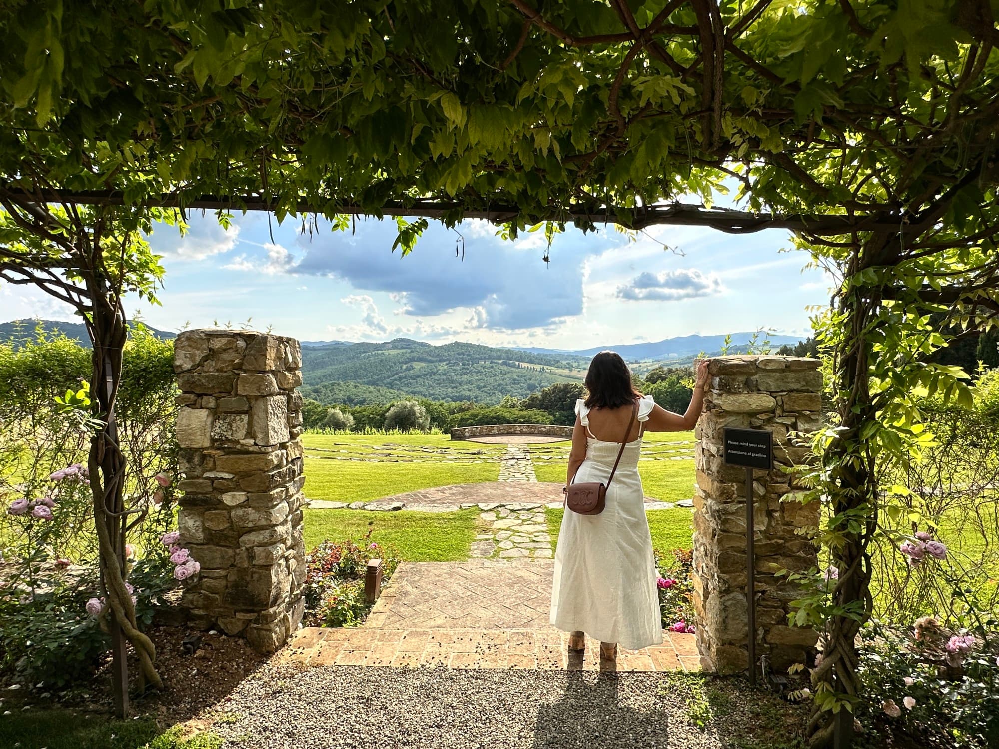 Rolling hills of Tuscany from the shaded quiet of the hotel patio.