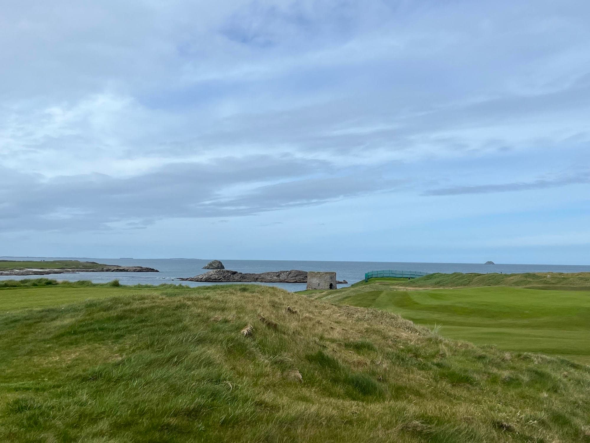 This image depicts a grassy field with the sea in the background beneath a cloudy blue sky.