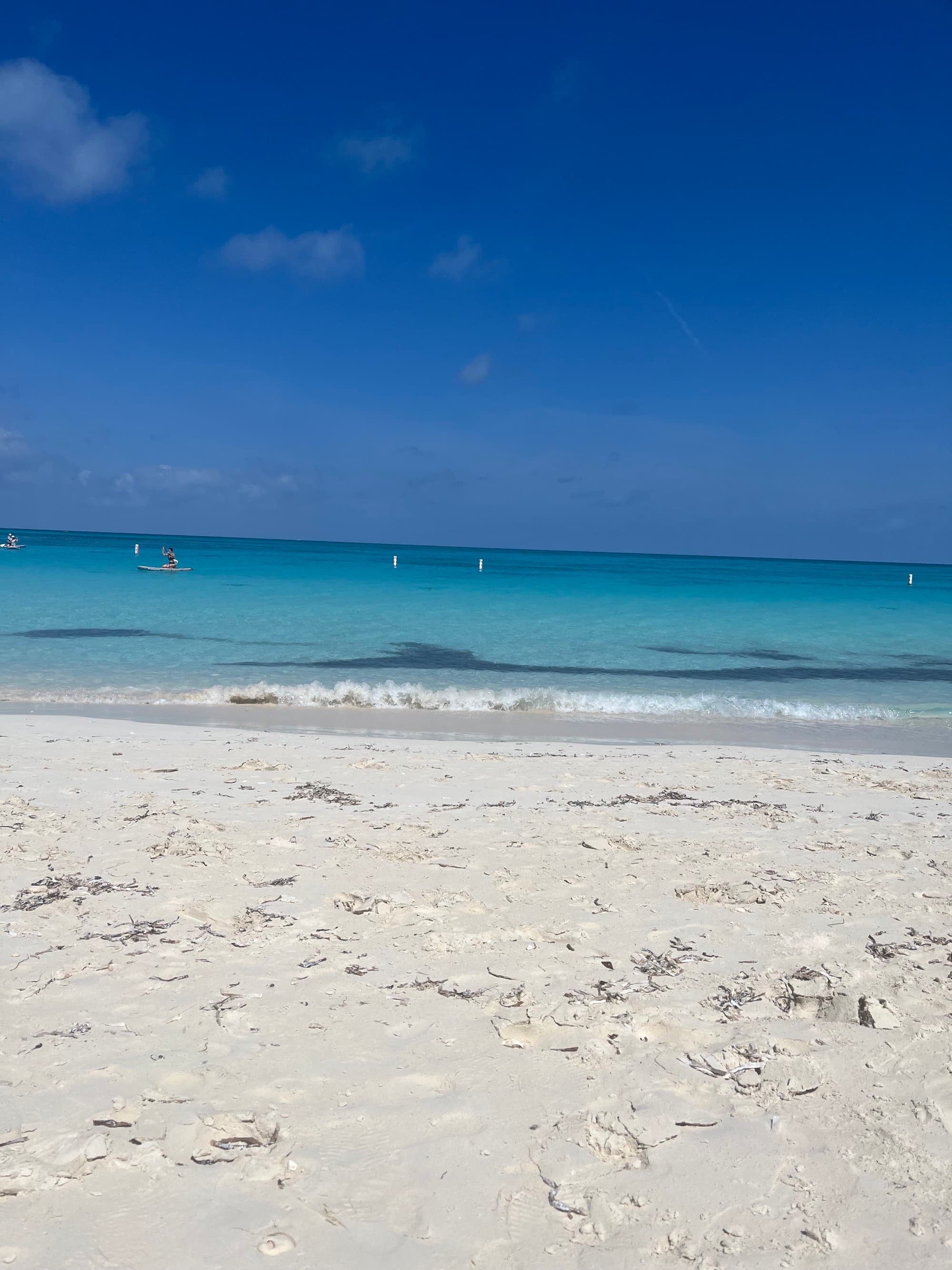 A beach with bright blue water during the daytime