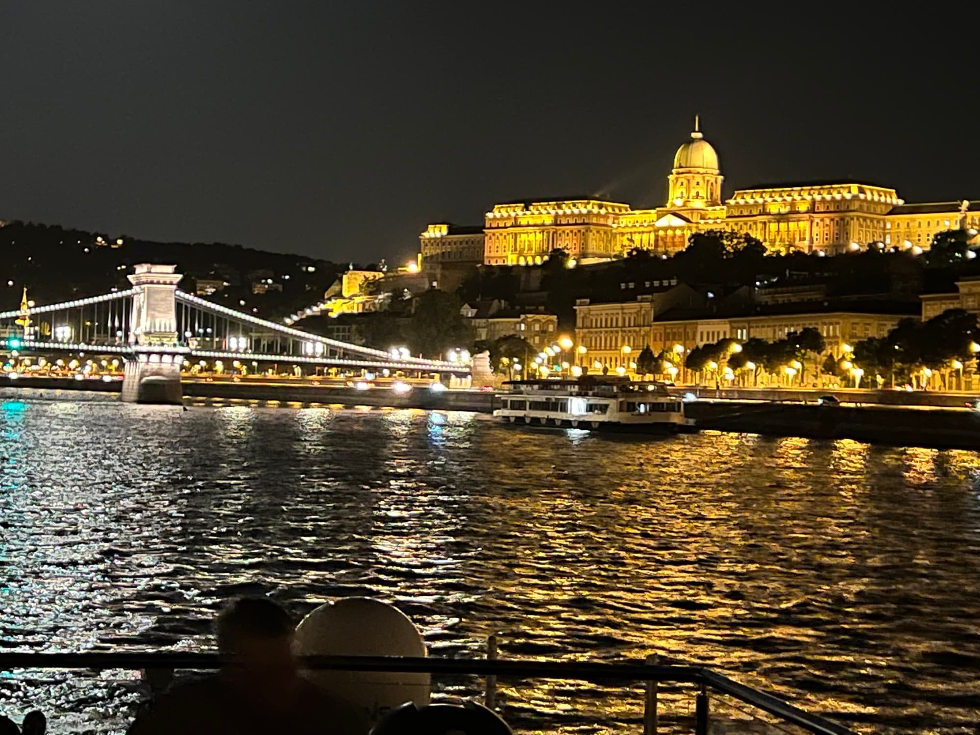 This image depicts a river at nighttime with lights from the city reflecting onto it, a large government building glowing in the distance on a hill, a bridge with various lights and structural elements and trees in the distance.