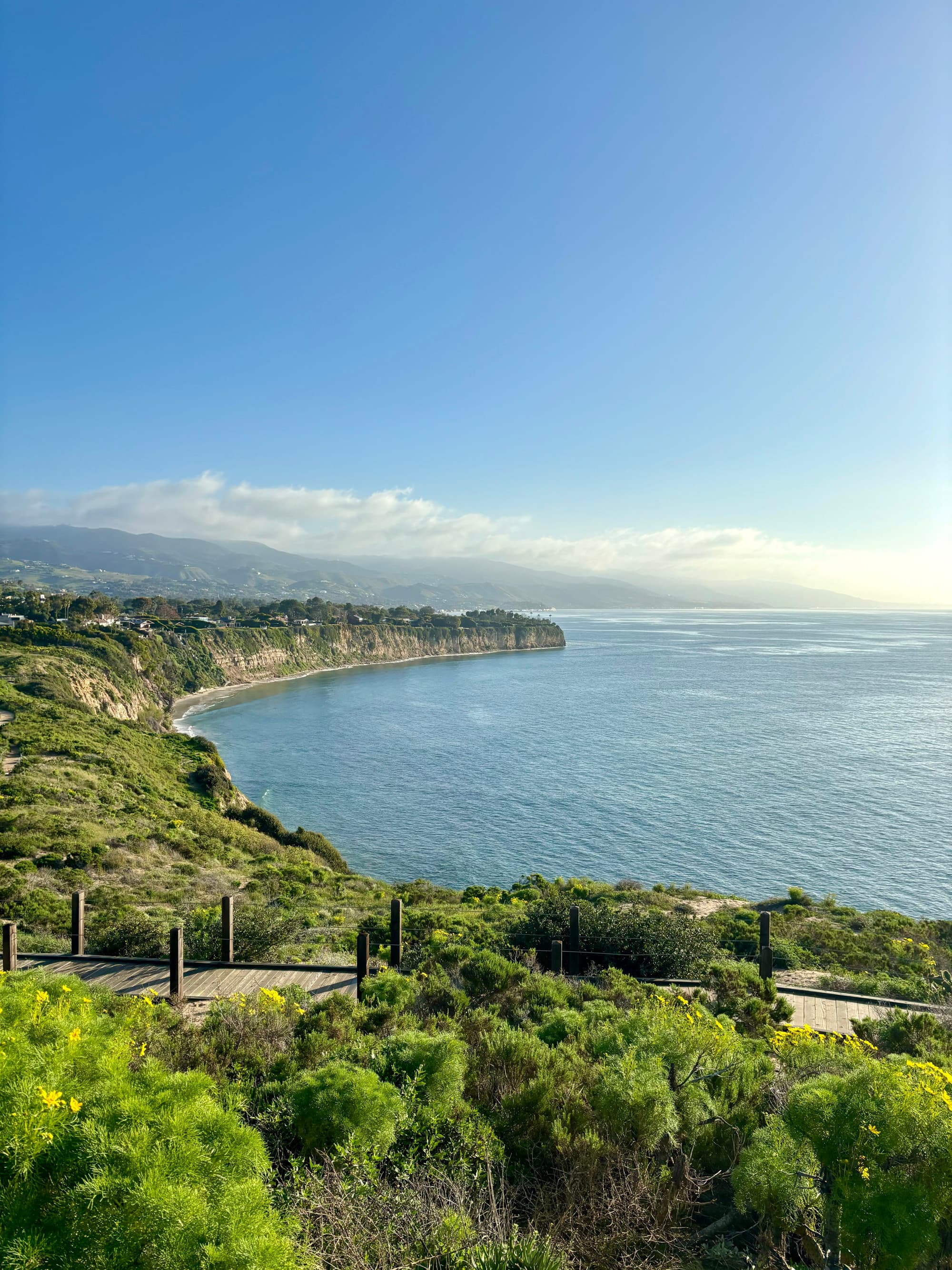 A picture of a trail surrounded by green bushes and a coastal view of the Pacific Ocean.
