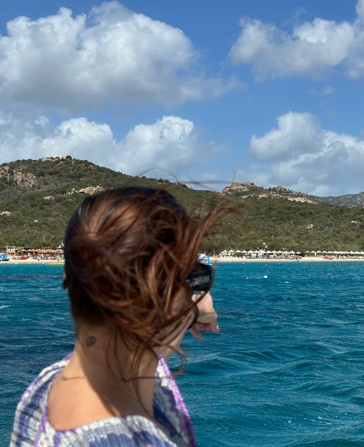 A person with brunette hair looking out to the blue water and green mountains.