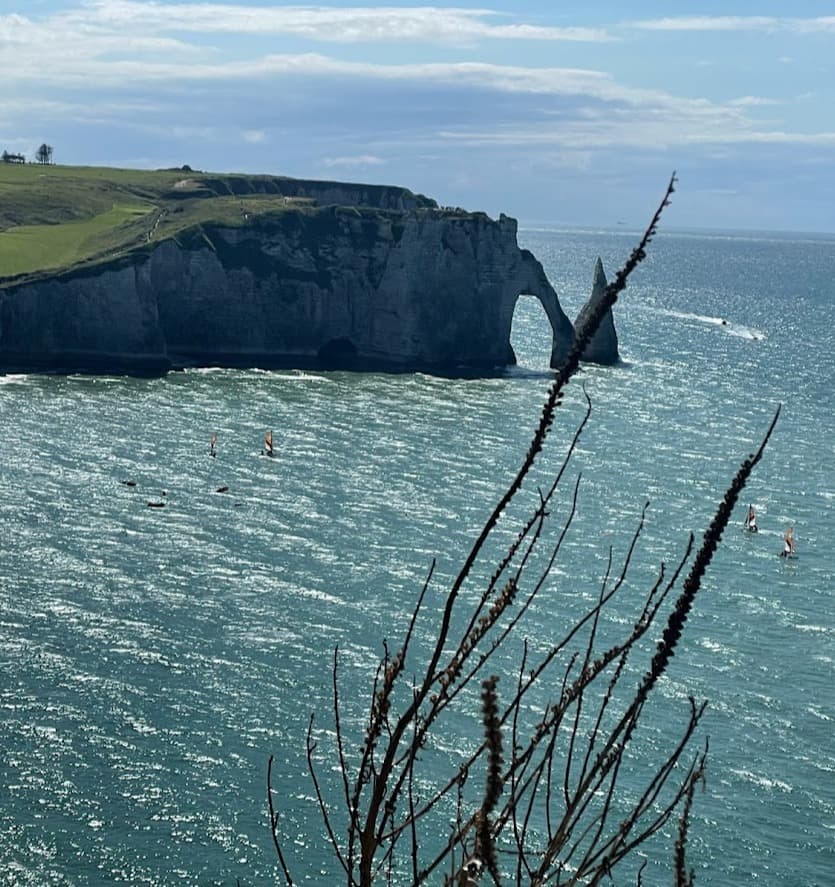 A view of the ocean on a clear day with beautiful ocean cliffs in the distance