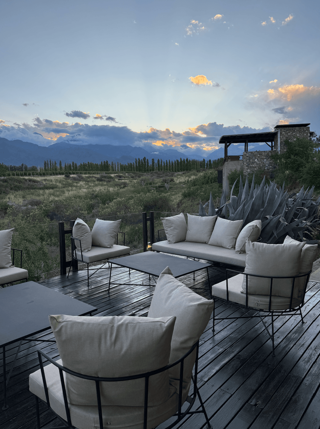 An outdoor patio with couches, trees and a meadow full of trees beneath a golden and blue sunset.