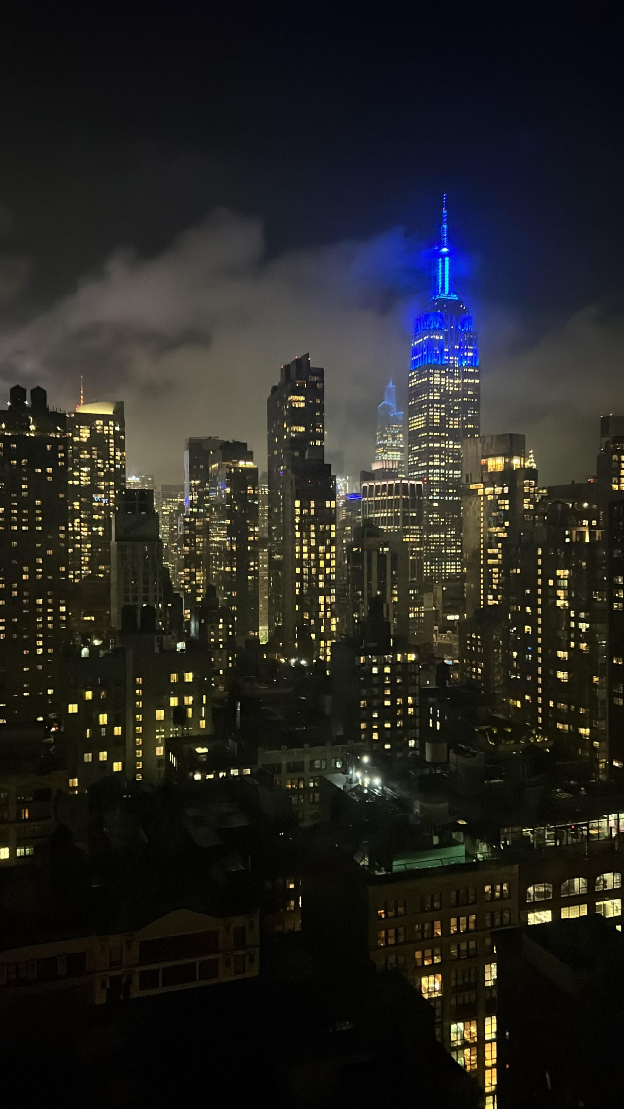 Night sky with city skyline showing many skyscrapers including one illuminated in bright blue light