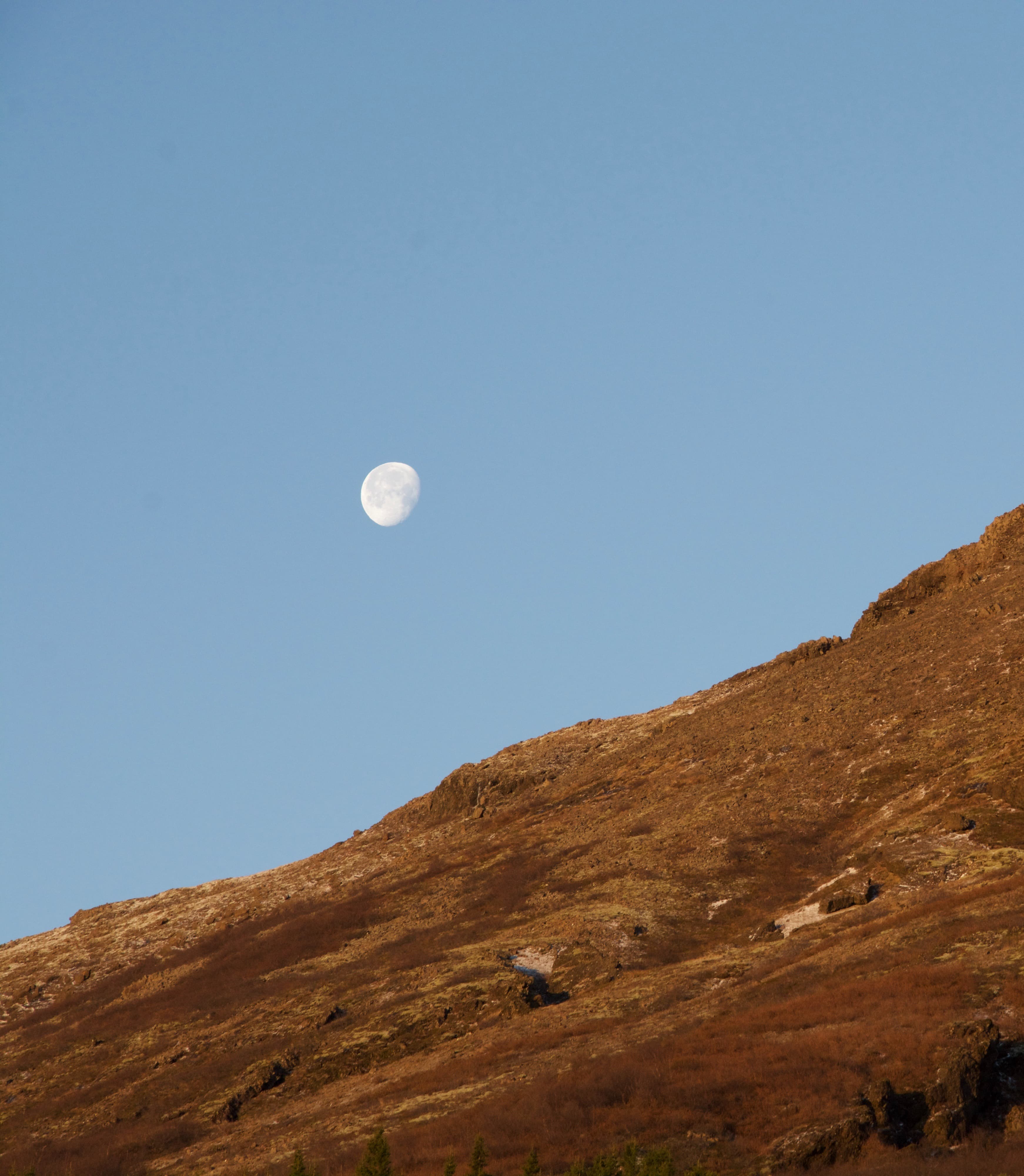 a view of the moon during the day with a desert setting in the distance.