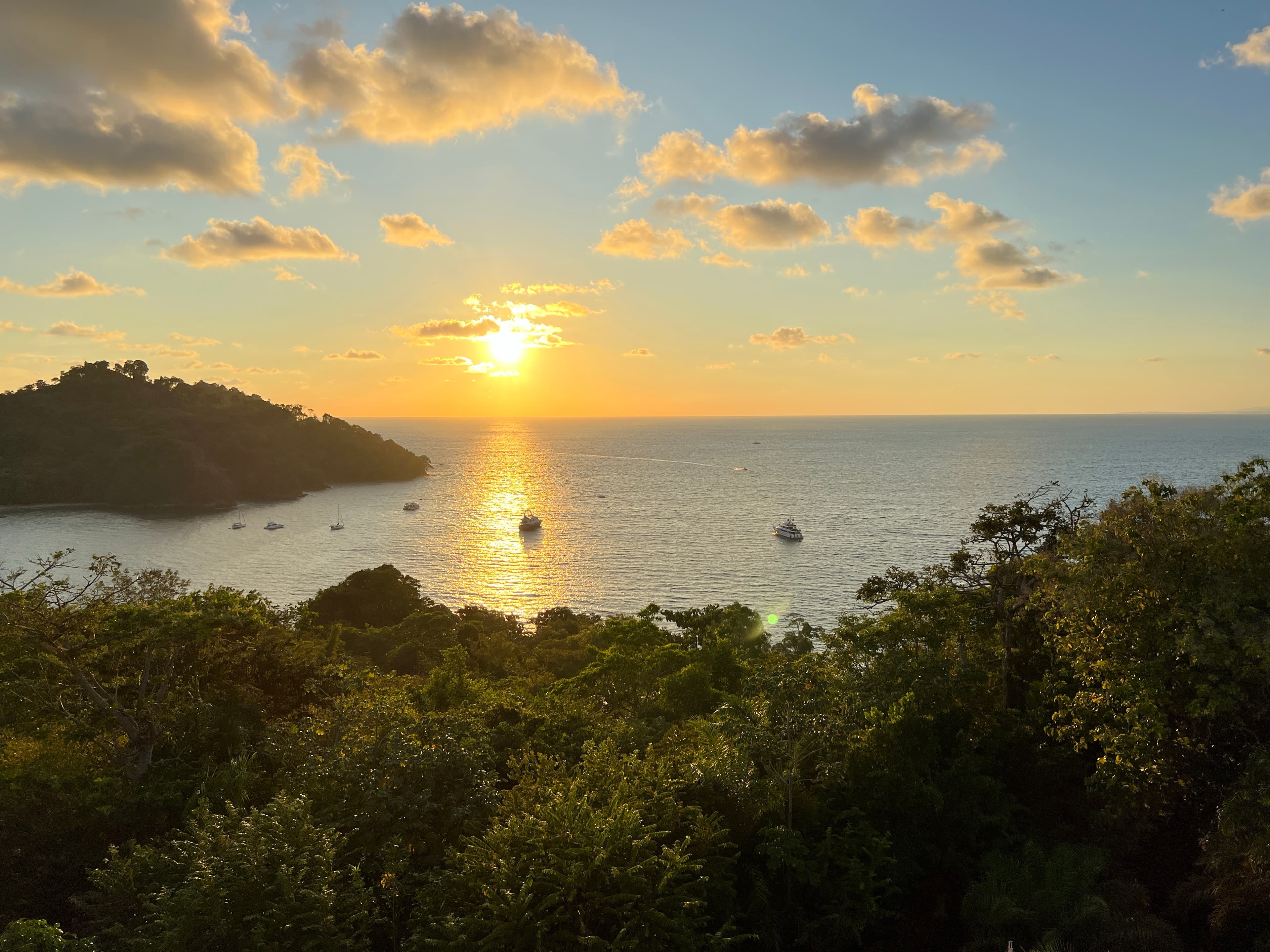 a beautiful ocean view with a lovely sunset and foliage