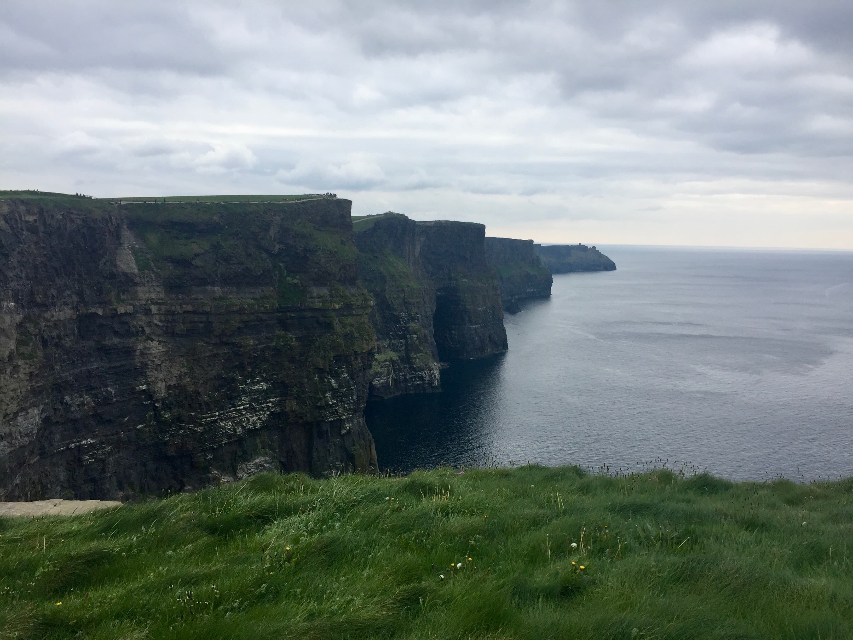 A beautiful view of the ocean on a cloudy day with rocky cliffs and lush greenery.
