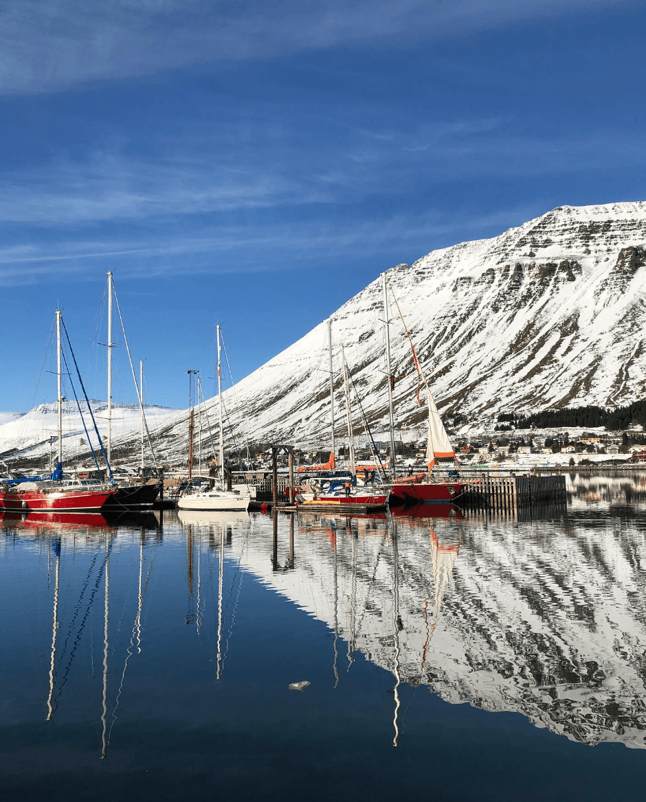 Boats anchored in a harbor on still water with a snowy mountain in the background.